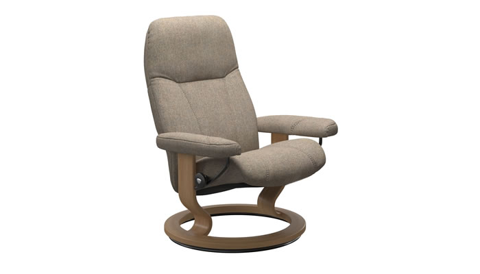 Stressless Consul Classic Recliner in Clover Funghi Fabric and Oak Wood Stain